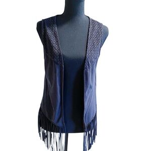 Y2K Mossimo Black Faux Suede Open Fringe Vest Size Medium/Large